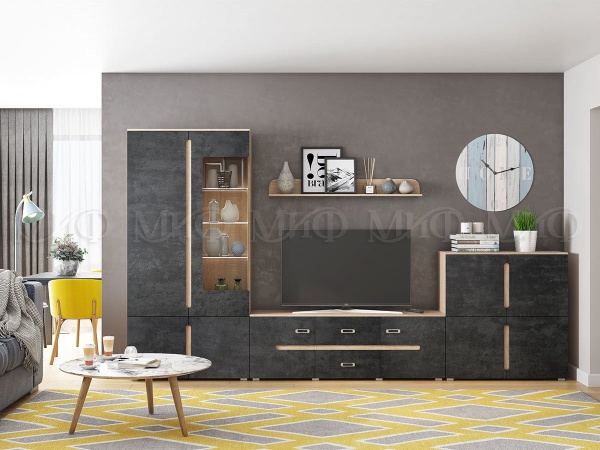 Гостиная Каролина МДФ Дуб Сонома/Бетон Темный (Ш-3600 мм x В-2060 мм x Г-424 мм)